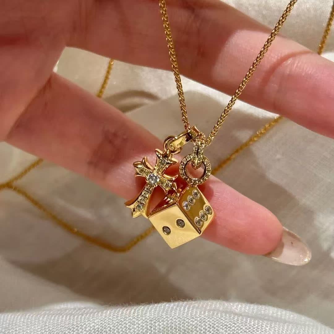 Chrome Hearts Gold Tone Dice and Cross Charm Necklace